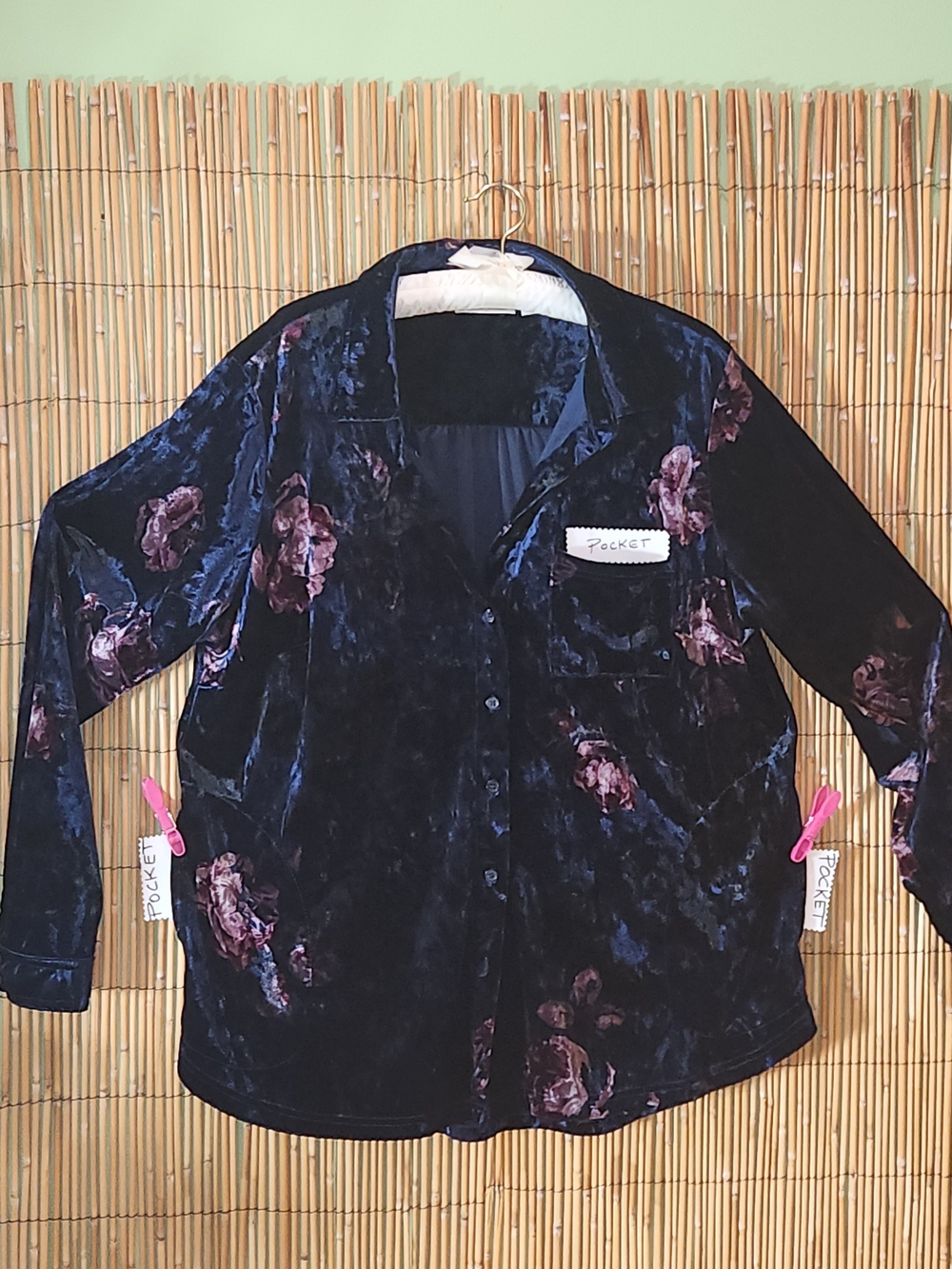 Vtg Luxe Velvet Floral Button-Up Shirt Blue Pink Whimsigoth Rich  Large bust 40